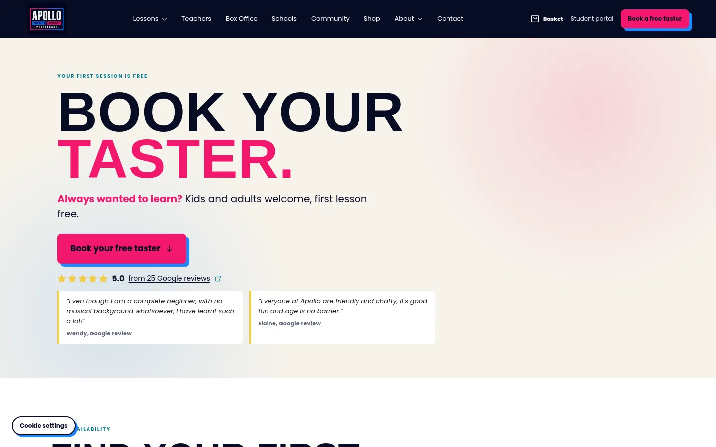 Apollo Music School 'Book a taster' page on desktop
