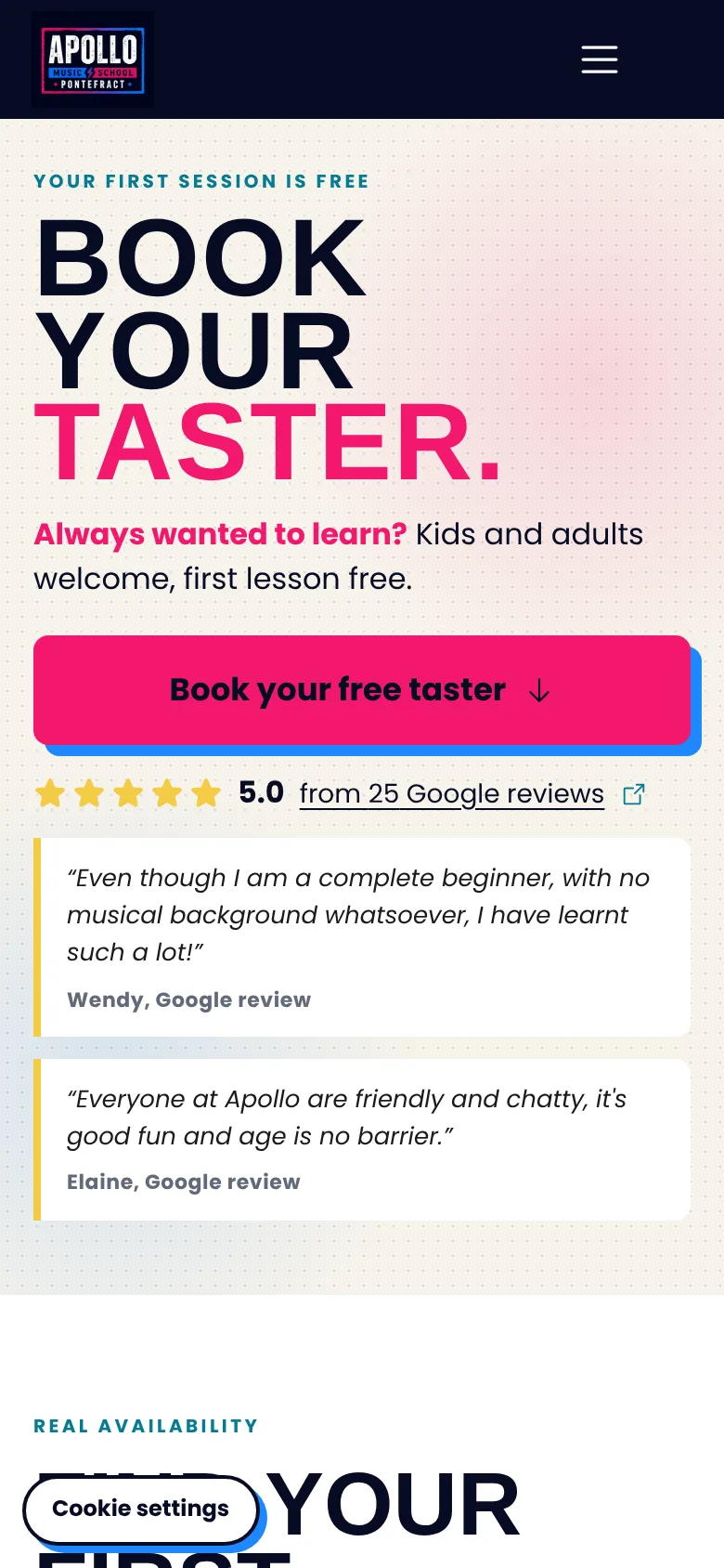 Apollo Music School 'Book a taster' page on mobile