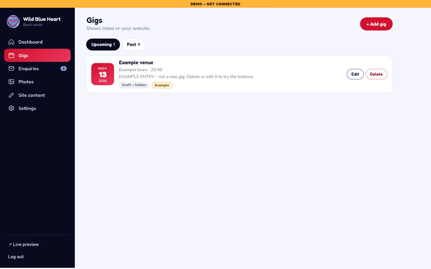 Concept admin listings page on desktop